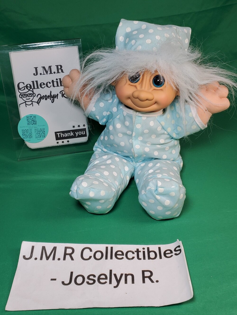 11" Russ Troll Kidz Doll Baby Blue Polka Dot Pajamas Nightcap 1990s